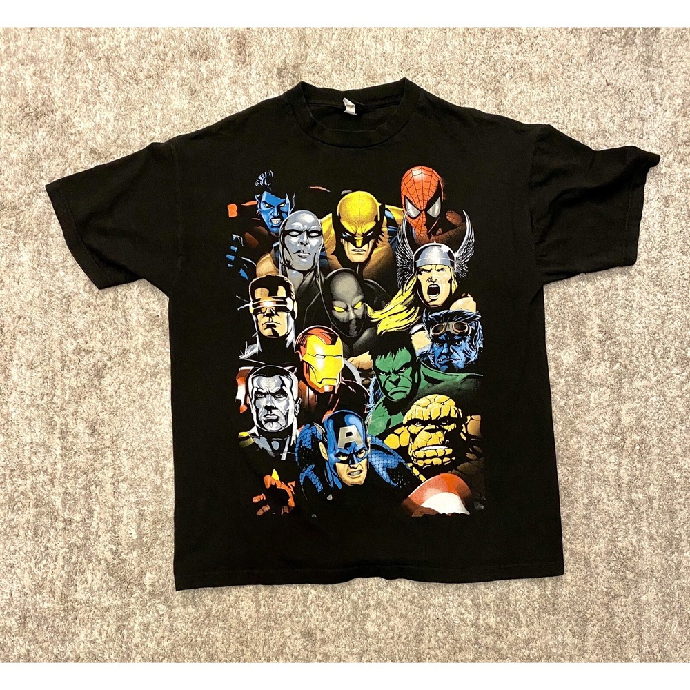 VINTAGE Marvel Mad Engine Shirt Adult XL Mens Black Spiderman Thor Ironman